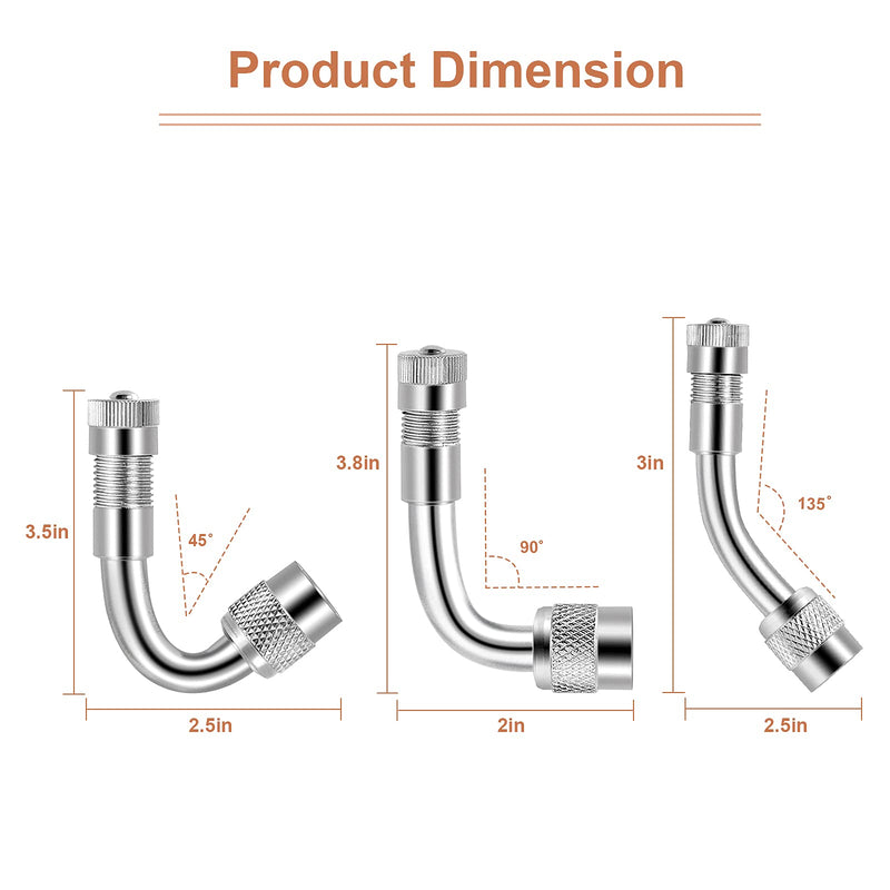 Valve Stem Extenders,4Pcs 7Inch and 12 Inch Dual Flexible Stainless Steel Braided Valve Stem Extensions,6Pieces 45 90 135 Degree Brass Valve Adaptors for Car Truck Motorhome Trailer RV Trucks 7 Inch, 12 Inch/Extensions