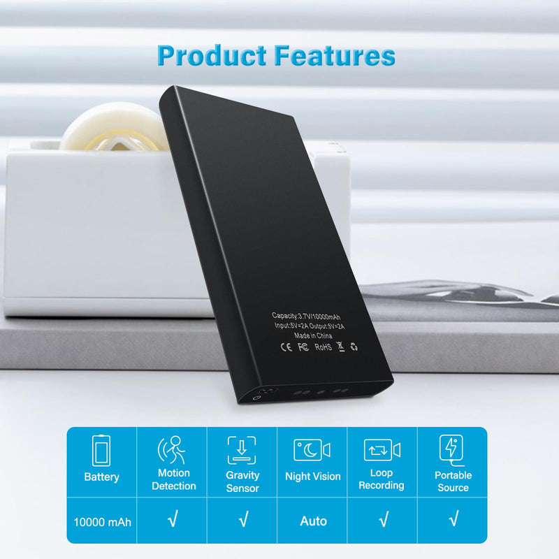 1080P 10000mAh Large Capacity Portable Power Bank Hidden Camera, 20 Hours Continuous Record Mini Security Nanny Spy Cam with Gravity Sensor/Motion Detection/Night Vision—No WiFi No Audio