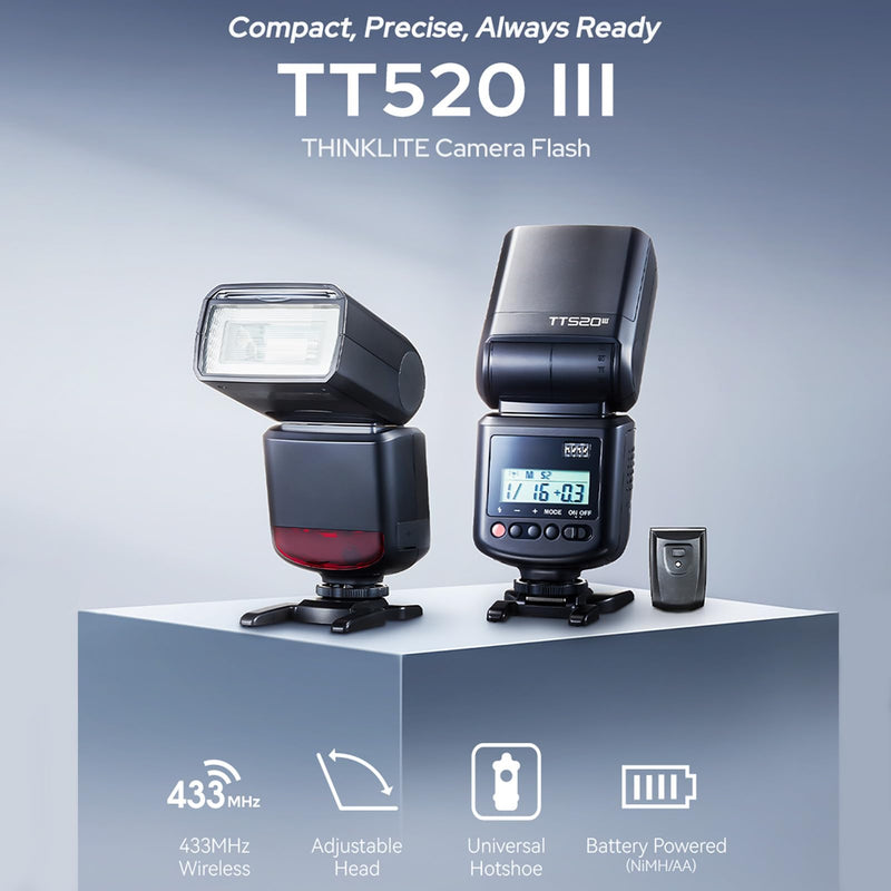 Godox TT520 III Wireless Camera Flash with 433MHz Receiver Single-Contact Hotshoe 8 Power Adjustment Wireless Camera Flashlight Flash for Digital Camera