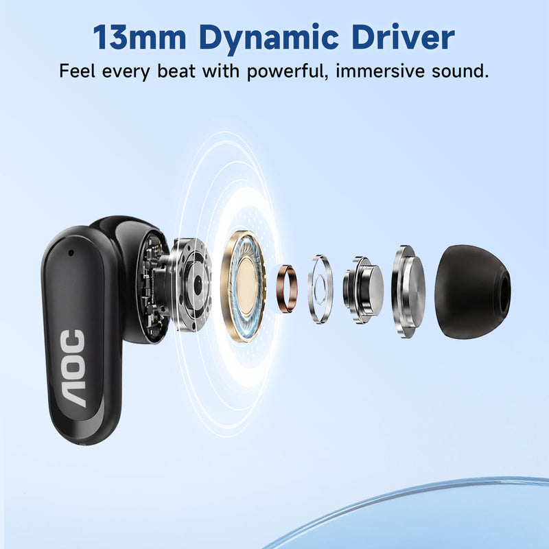 AOC Noise Cancelling Wireless Earbuds, 39dB ANC, 45H, LED Display, Black | in Ear Bluetooth 5.4 Headphones with 6 ENC Mic, Transparency Mode, Deep Bass Sound, 36 EQs via App, Fit for Sports, Commuting