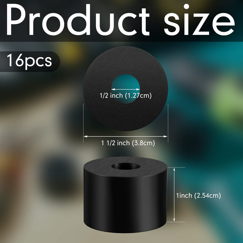 Fabbay Neoprene Rubber Spacers, 16 Pcs, 1 1/2 Inch OD x 1/2 Inch ID x 1 Inch Thickness, Black, Round, Flat Washers