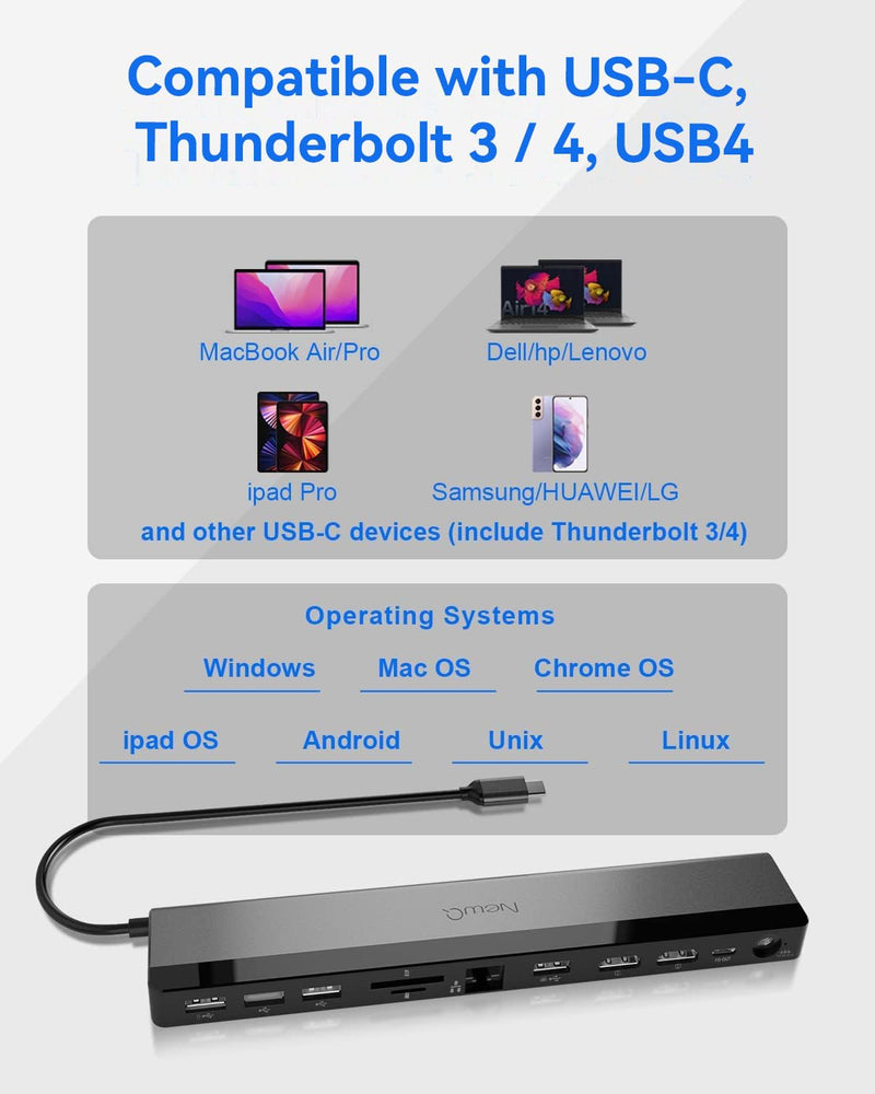 USB C Docking Station Dual Monitor with Power Adapter: NewQ 12-in-1 Thunderbolt 3 | 4 Dock, Dual 4K HDMI, 4 USB, Audio, Ethernet, SD/TF Slot, 18W PD Out, for Mac, HP, Dell, Lenovo, Surface, Asus, Acer 96W Power Adapter with 96W Power Adapter