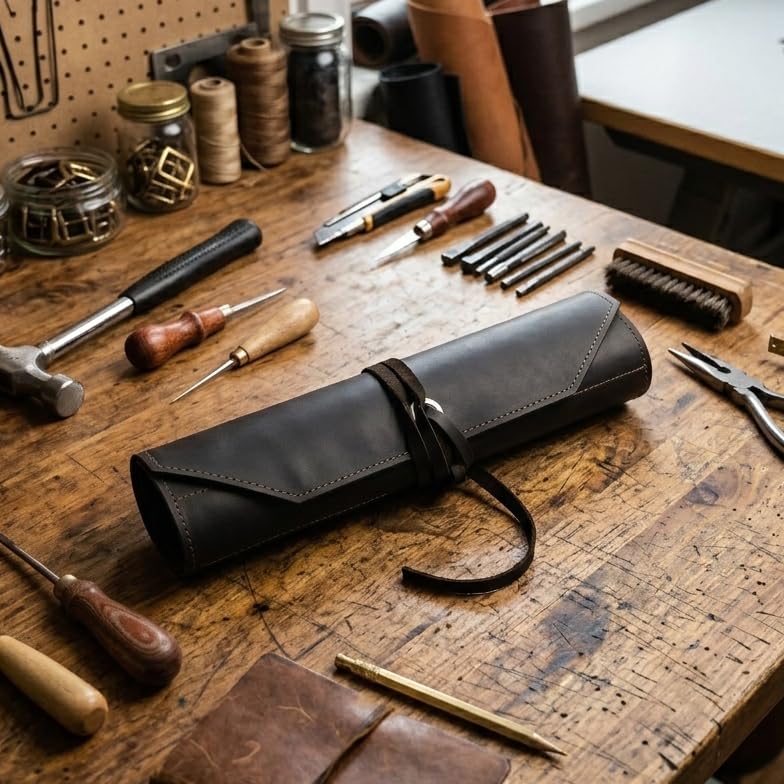 Genuine Leather Tool Roll Up Case – Leather Tool Organizer with 12 Slots, Case for Wrenches, Screwdrivers & Hand Tools, Portable Mechanic Tool Bag 20.2" x 12.2" (Tools Not Included), Brown
