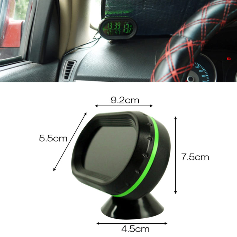 HXBER Car Dual Temperature Gauge Voltmeter, Car Thermometer Digital Clock DC 12V Automobile Clock LED Lighted Auto Dual Temperature Gauge Voltmeter Voltage Tester Green