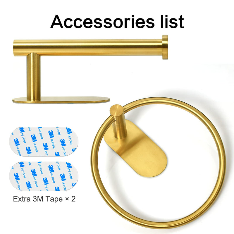 HouseAid Self Adhesive Towel Ring and Toilet Paper Holder Set, Stainless Steel No Drilling Hand Towel Holder Kit for Bathroom, Brushed Gold (2 Pieces)