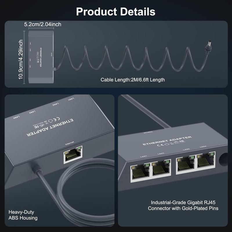 Starlink Gen3/Mini Ethernet Adapter(2M) with 4 RJ45 Ports,Multi Ports Starlink Ethernet Adapter with Wired External Network for Other Devices and Network Cable[4 Devices Networked Simultaneously]