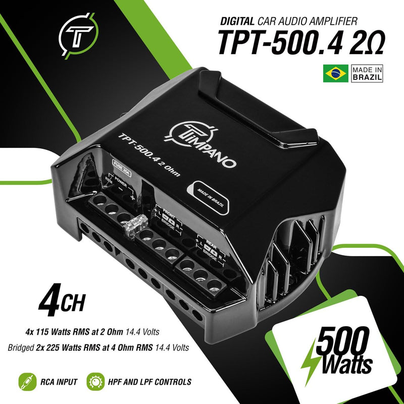 Timpano TPT500.4 Compact 4 Channel Car Audio Amplifier, 4 x 125 Watts at 2 Ohm, Mini Stereo 12 Volts Full Range Class D Amp Bridgeable