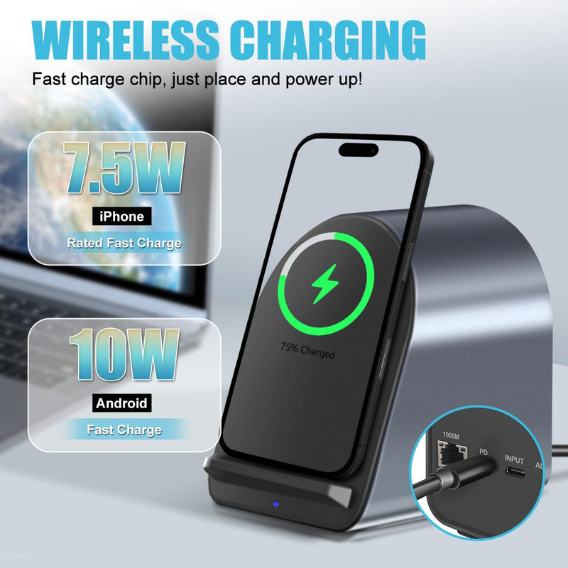 10-in-1 USB-C Multifunction Docking Station Wireless Charging USB3.0 Ports PD100W Fast Charging 4K HDMI SD/TF Card Reader Fit for Windows Mac Android iPad