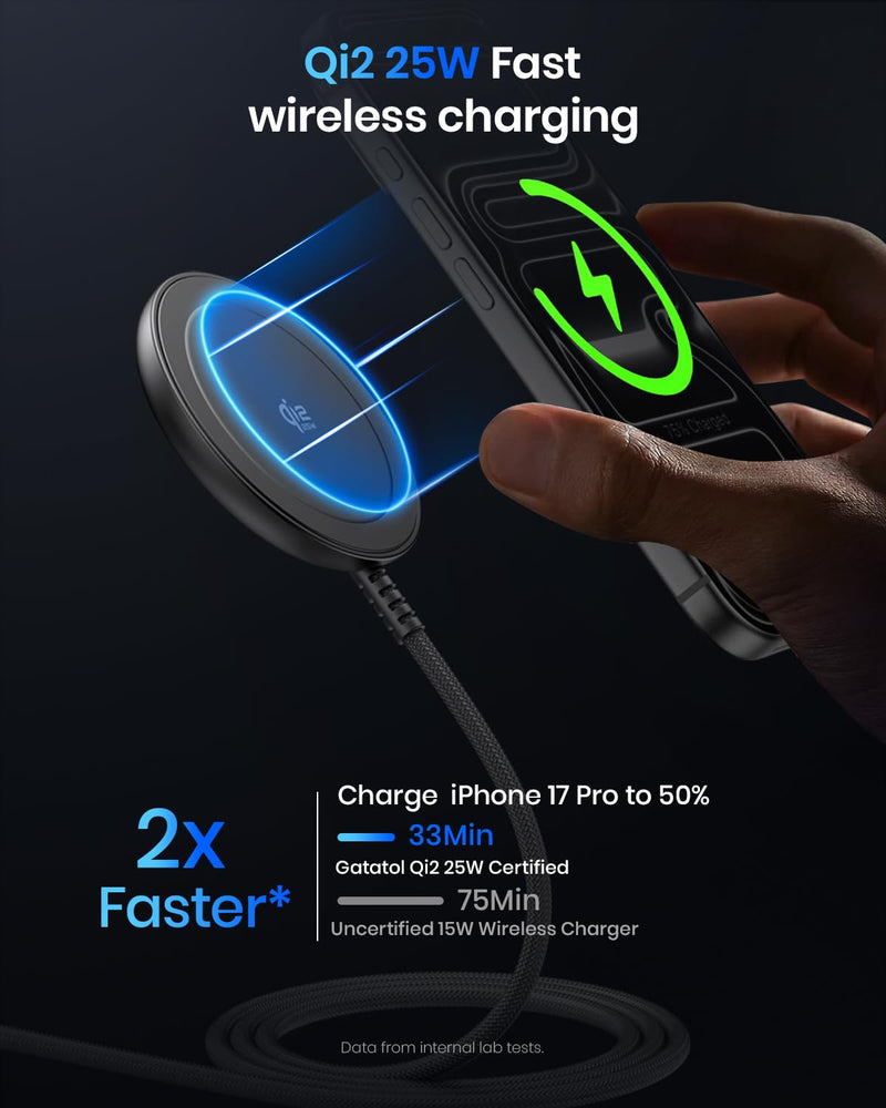 Magnetic Wireless Charger, 5FT Qi2 25W Fast Charging Pad Compatible with MagSafe for iPhone Air/17e/17/16/15/14/13/12/Pro/Pro Max Series & AirPods 4/3/2/Pro & More (with 30W Adapter) S Black
