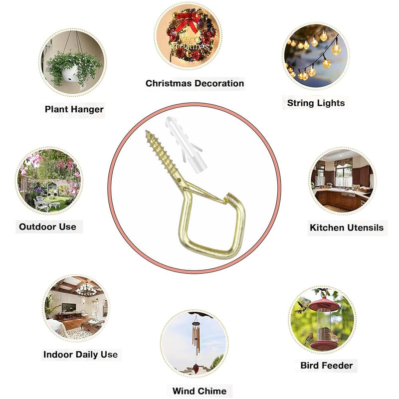 52-Pack Heavy-Duty Golden Screw Eye Hooks with Safety Clips | Metal Ceiling Hooks for Hanging Plants, Wind Chimes, Bird Feeders & Indoor/Outdoor Lights Gold 52Pcs