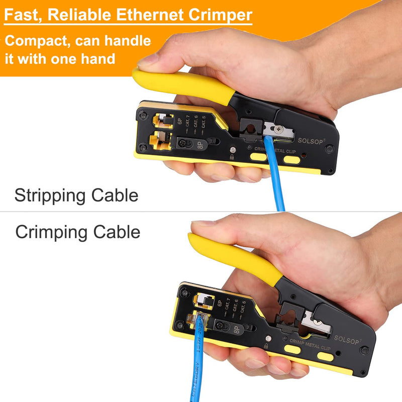 Solsop Pass Through RJ45 Crimp Tool Kit All-in-One Ethernet Crimper Cat7 Cat6 Cat5 Crimping Tool with Network Cable Tester, 50-Pack Cat6 RJ45 Pass Through Connector, 50-Pack Connector Boots RJ45 Crimper Set Yellow-A