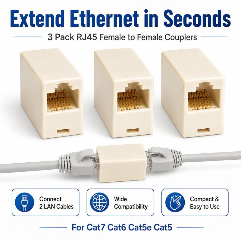 3 Pack Ethernet Coupler, RJ45 Female to Female Ethernet Extender Connector, Network Cable Extender Adapter for Cat7 Cat6 Cat5 Cat5e LAN Cables
