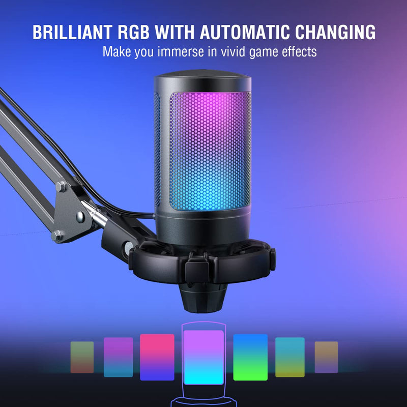 FIFINE Gaming PC USB Microphone, Podcast Condenser Mic with Boom Arm, Pop Filter, Mute Button for Streaming, Twitch, Online Chat, RGB Computer Mic for PS4/5 PC Gamer Youtuber-AmpliGame A6T Black