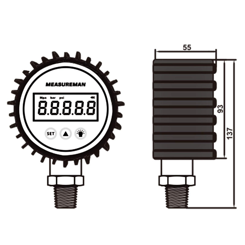 MEASUREMAN 3-1/8" Dial Size, Digital Pressure Gauge, 0-5000psi/bar/Mpa/Kpa, 1/4" NPT Lower Mount, 0.25% Accuracy