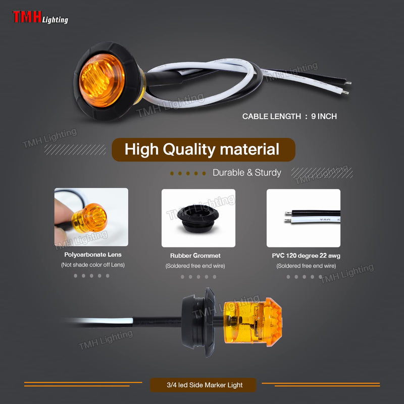 TMH 50 pcs 3/4 Inch Mount Amber 3 LED Mini Round Trailer Side Marker Indicator Lights Clearance Button Signal Lamps Universal for Trucks Lorry Boat Pickup Bus Caravan RV Waterproof Sealed Bulbs 12V DC 50pcs Amber