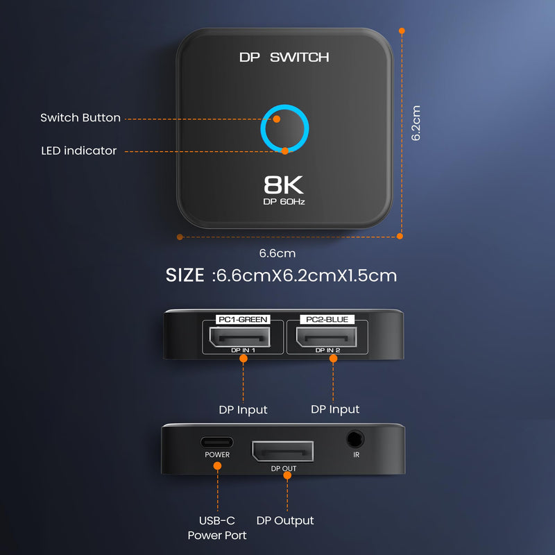 8K Display Port Switcher 2 in 1 Out, NEWCARE DisplayPort Splitter with Remote, DisplayPort Switch Supports 8K@60Hz 4K@120Hz DP 1.4, Display Port Switch Compatible with PC Laptop Monitor TV 8K@60Hz 2x1