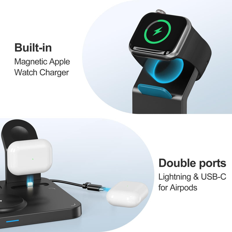 ANJANK Wireless Charging Station,5 in 1 Multiple Charger Stand with Alarm Clock,7 Night Light,Mag-Safe Charging Dock for iPhone 17 16 15 14 13 12 Pro Max Plus,Apple Watch 11/10/9/8,for Airpods,Bedroom Black