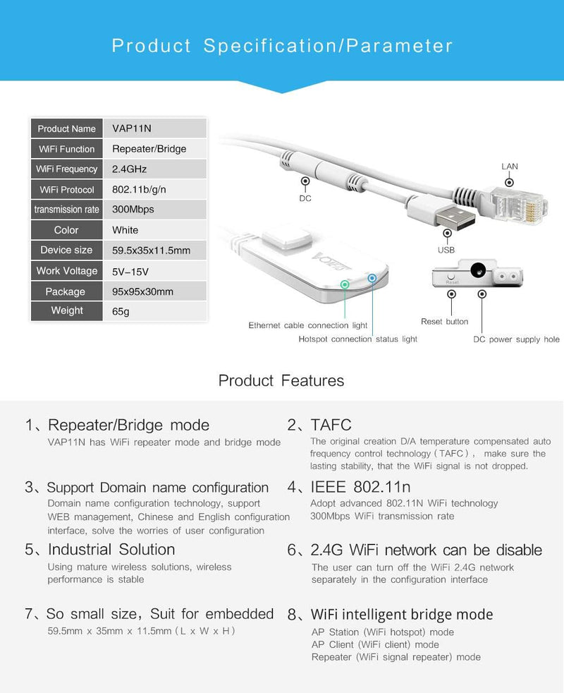 Vonets VAP11N-300 2.4GHz Mini WiFi Bridge Ethernet/WLAN to LAN Adapter/WLAN Repeater 300Mbps 802.11b/g/n for Network Devices That Need WiFi Connection with Access Point Function 2.4G Mini WiFi Bridge
