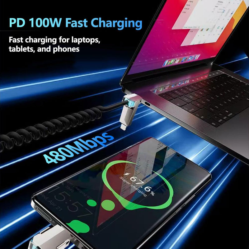 4 in 1 Spring Fast Charging Cable (2Pack), 240W USB-C PD Multi Fast Charging, 1.2m/5ft Coiled Retractable Cable for iPhone, Samsung, iPad, MacBook,Tablets - Black