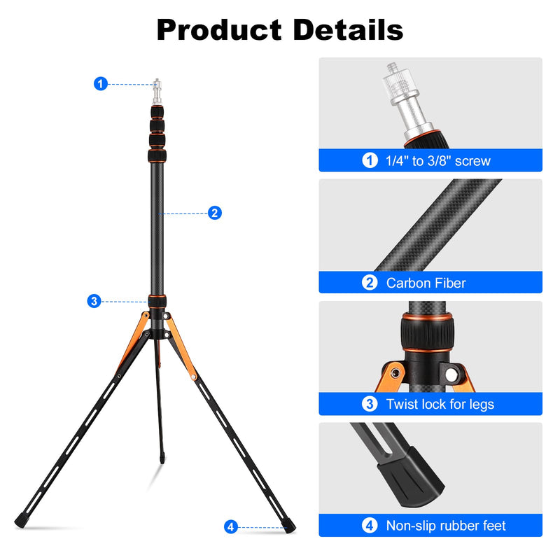 Soonpho Portable Light Stand Adjustable 7ft Carbon Fiber Lighting Tripod Stand with 180° Reversible Leg Tripod Light Photography Maximum Height of 86.5”/220cm for Flash Softboxes Camera SL-255C