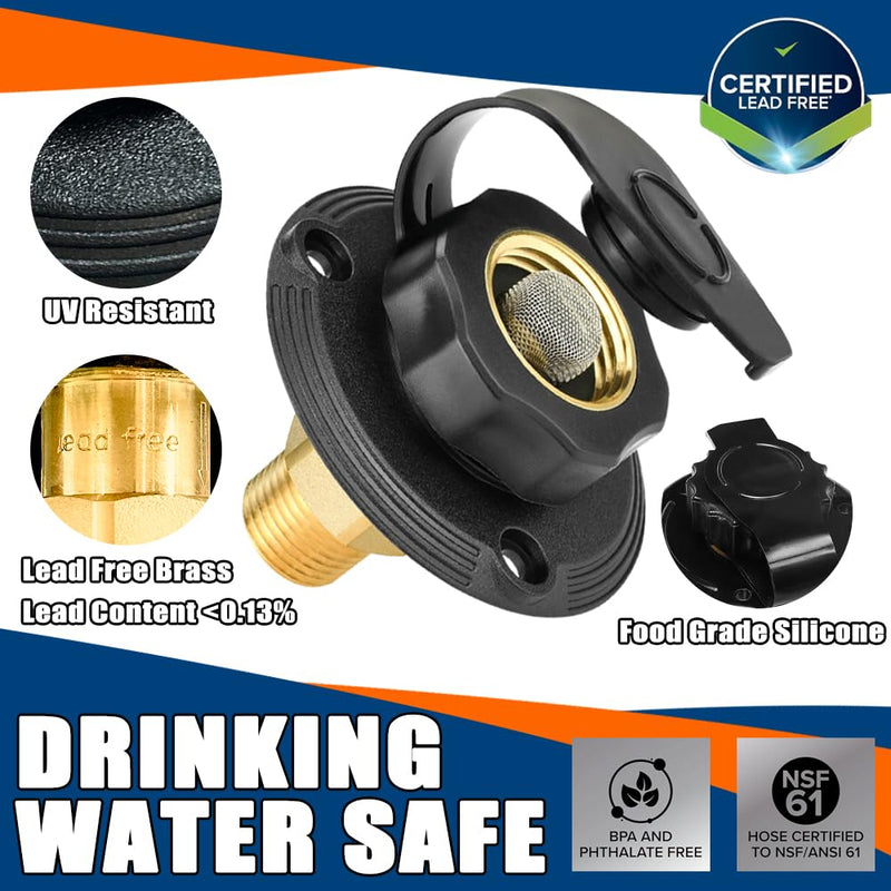 RV MURTS RV City Water Inlet with Brass Check Valve, 3/4" NH Female to 1/2" NPT Male Camper Fresh Water Fill Inlet Replacement, Lead-Free Water Connection with Dust Plug for Trailer Hose Connector.