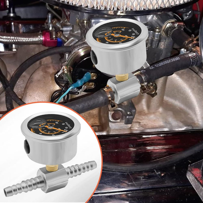 1/8" NPT Fuel Pressure Gauge Kit, 0-15psi Fuel Gauge, 1/8" Back Mount, Glycerin Filled Pressure Gauge with 2-Way Barbed Hose Fitting, Dual Use 5/16"(8mm) to 3/8"(10mm) Barb Fitting(304SS)