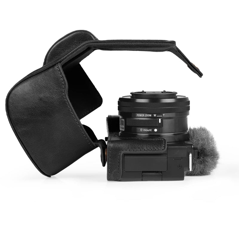 MegaGear MG2006 Ever Ready Genuine Leather Camera Case Compatible with Sony ZV-E10, Full Body Protection Lens Cover Bag with Shoulder Strap, Black