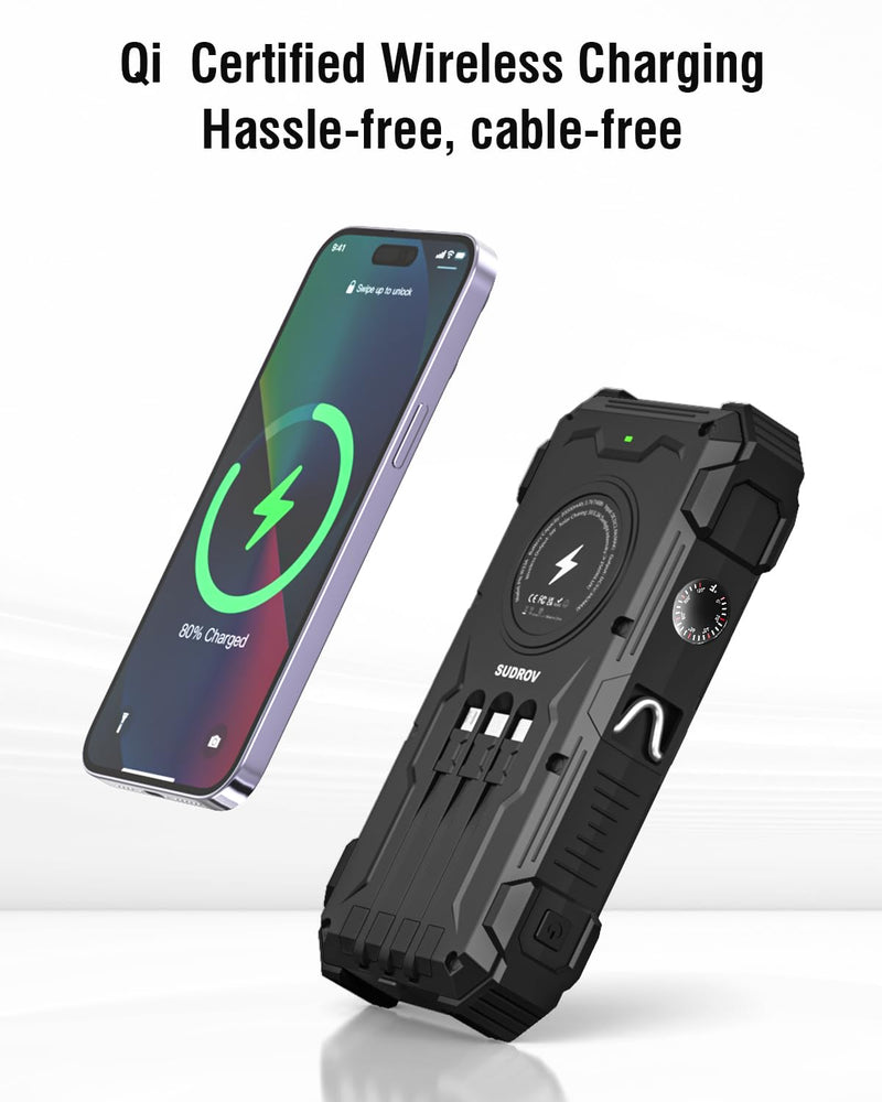 Solar Charger Power Bank, 42800mAh Wireless Portable Charger with USB-C in/Output, QC3.0 Fast Charging 15W 4 Ports Outdoor Battery Pack Built-in Dual Led Flashlights for iPhone Samsung etc Deep Black