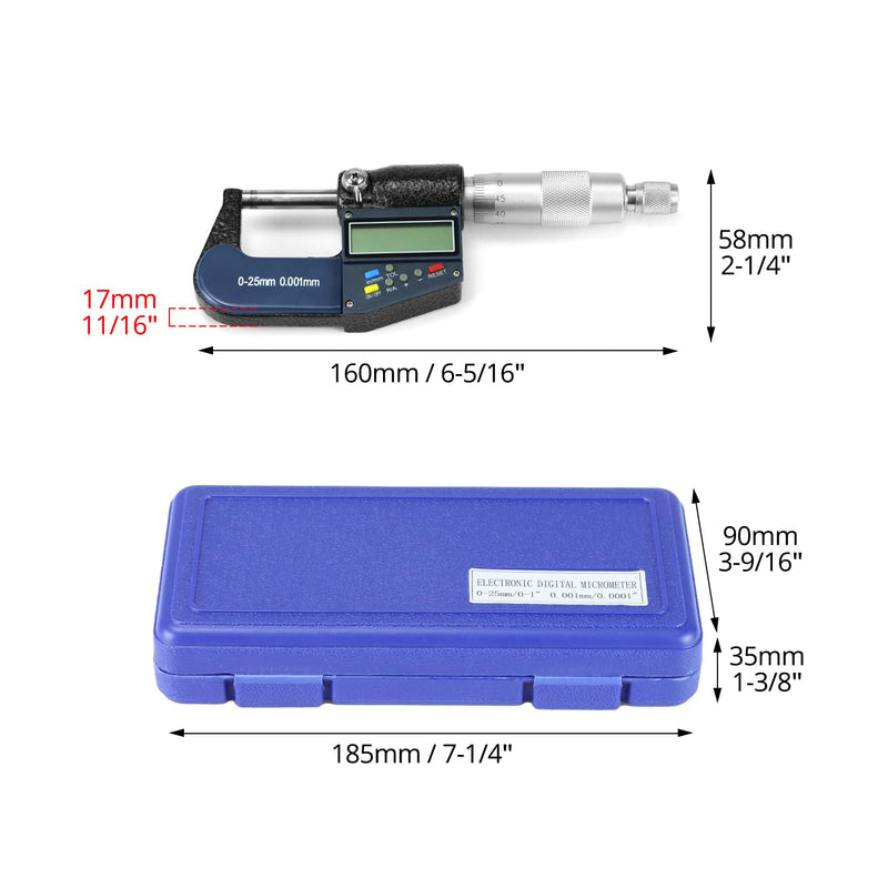 QWORK Digital Outside Micrometer with Carbide Tip, 0-1 Inch / 0-25 mm Measuring Range, High Accuracy ±0.002 mm, LCD Display