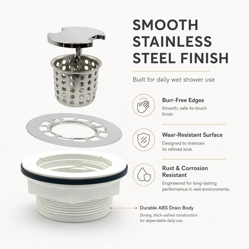 No-Caulk 2 Inch Shower Drain Kit with Lift-Out Hair Catcher for Shower Pan, Round Shower Floor Drain with 4-1/4" 304 Stainless Steel Grid Strainer Cover, for Bathroom