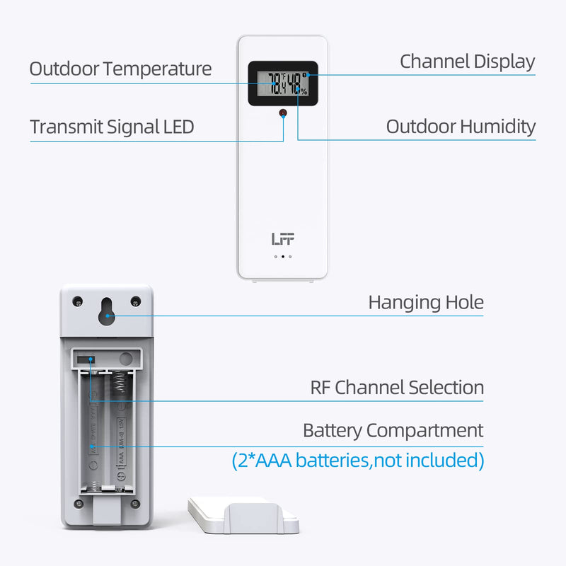 LFF Wireless Remote Sensor With Indoor Outdoor Temperature and Humidity, LCD Display for Weather Station, Atomic Clock - Updated Version