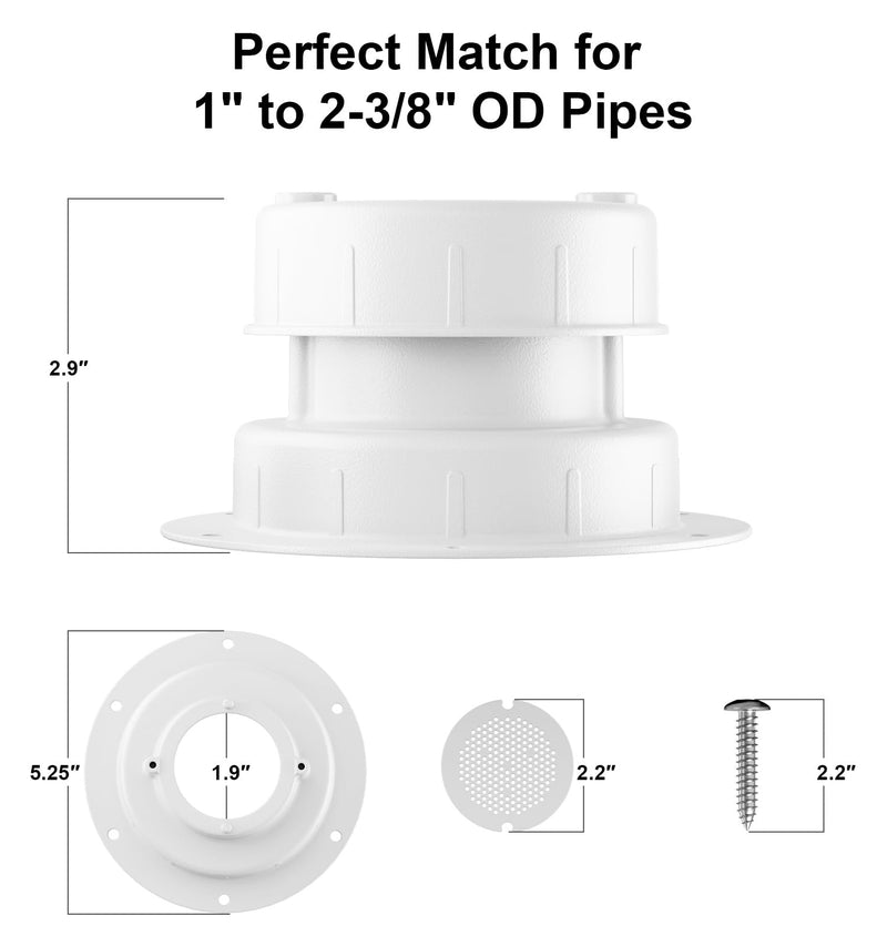 Aluminum RV Plumbing Vent Cap Cover with Screen - Weatherproof Metal Replacement Kit for Camper, Travel Trailer, Motorhome Sewer Roof Top - Fit for 1" to 2-3/8" OD Pipe (White, 2 Packs) White