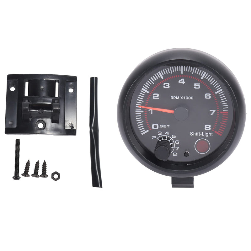 Universal 3.75" 12V White LED Backlit Tachometer Gauge with Red Shift Light for Auto Gasoline Car, 0-8000 RPM