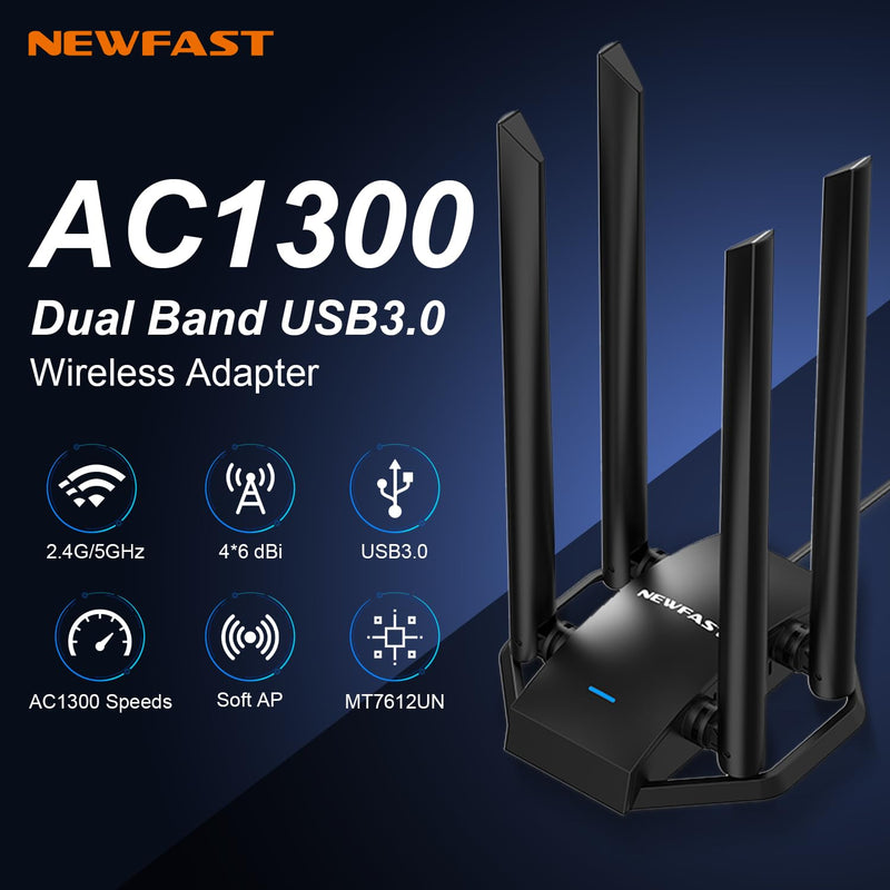 NEWFAST AC1300 USB WiFi Adapter for Desktop PC, Wireless Network Adapter | Dual Band USB 3.0 WiFi Adapter Long Range Support MU-MIMO, 4×High Gain Antenna, WiFi Dongle for Windows XP/7/8/8.1/10/11 Black