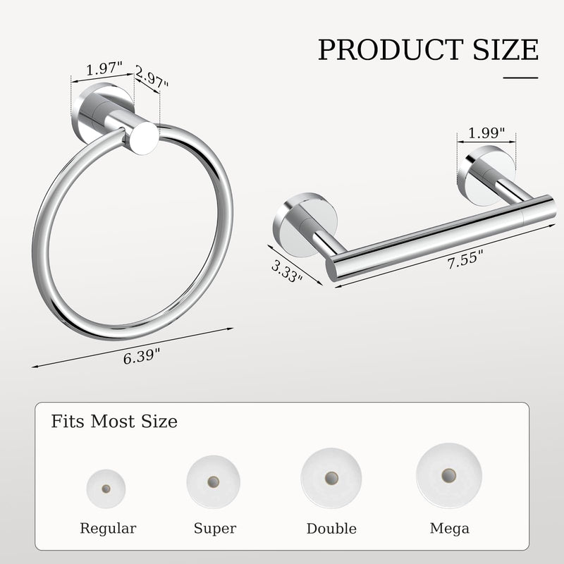 Toilet Paper Holder & Towel Holder, Bathroom Hardware Set-SUS304 Stainless Steel Double Post Pivoting Tissue Roll Holder and Hand Towel Ring Set for Bathroom, RV, Chrome