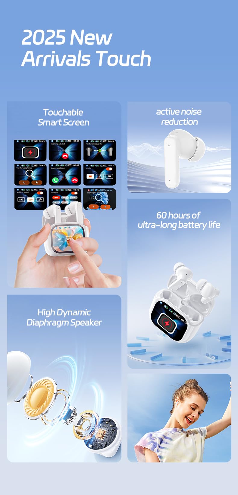 Equipped with a Full-Color LCD Touchscreen on its case, These Earbuds Create a self-contained Command Center. with a Simple tap, You can Handle Music, Calls, Noise Cancellation, and Battery Checks