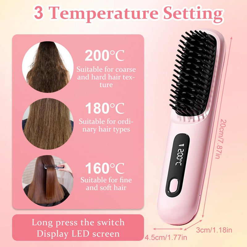 Glow Wave Heated Brush, 2026 Cordless Heated Brush for Short Hair, 3 Heat Settings & LED Screen, Portable & Rechargeable Heated Styling Brushes for Frizz-Free Styling, Travel & Everyday Use