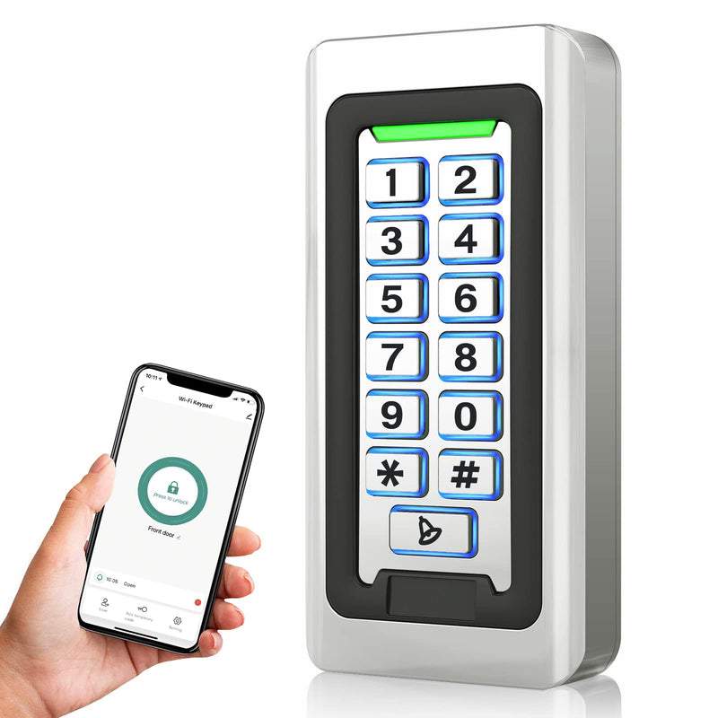 Wireless WiFi Access Control Keypad, Metal Stand-Alone Door Access Control System, EM Card Reader, Weatherproof, Backlight, TUYA Wireless Entry Security Access Controller for Garage, office Silvery