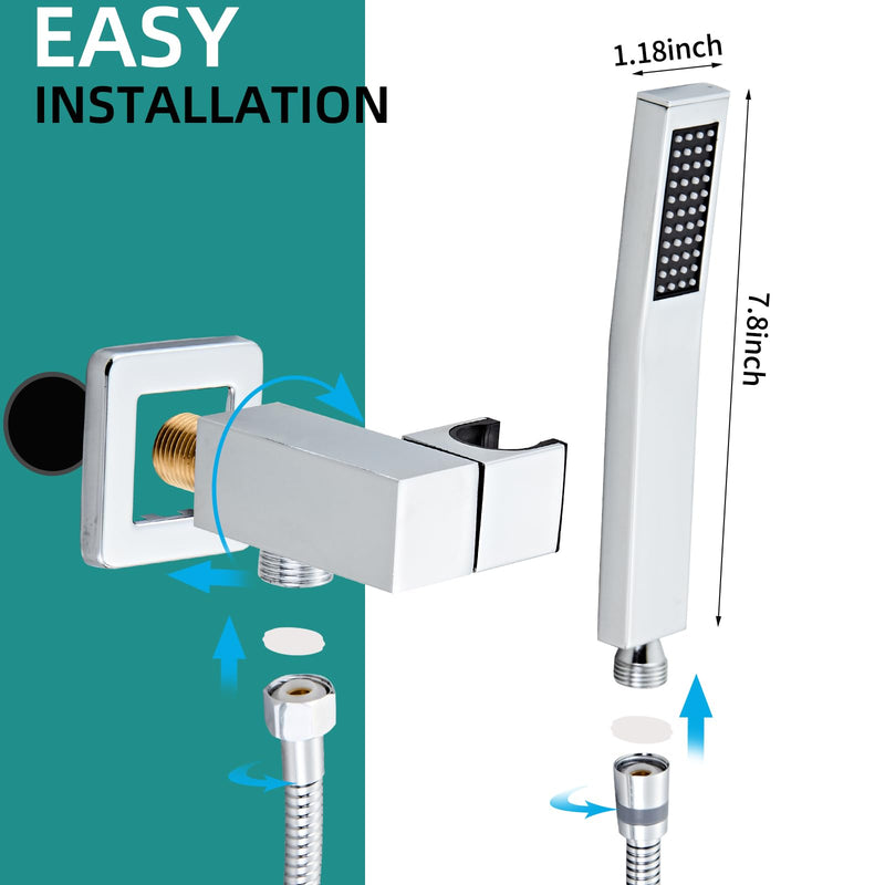 Bathroom Square Chrome Solid Brass Hand Held Shower Head With Wall Connector and Hose System Wall Mount Handheld Showerheads Set