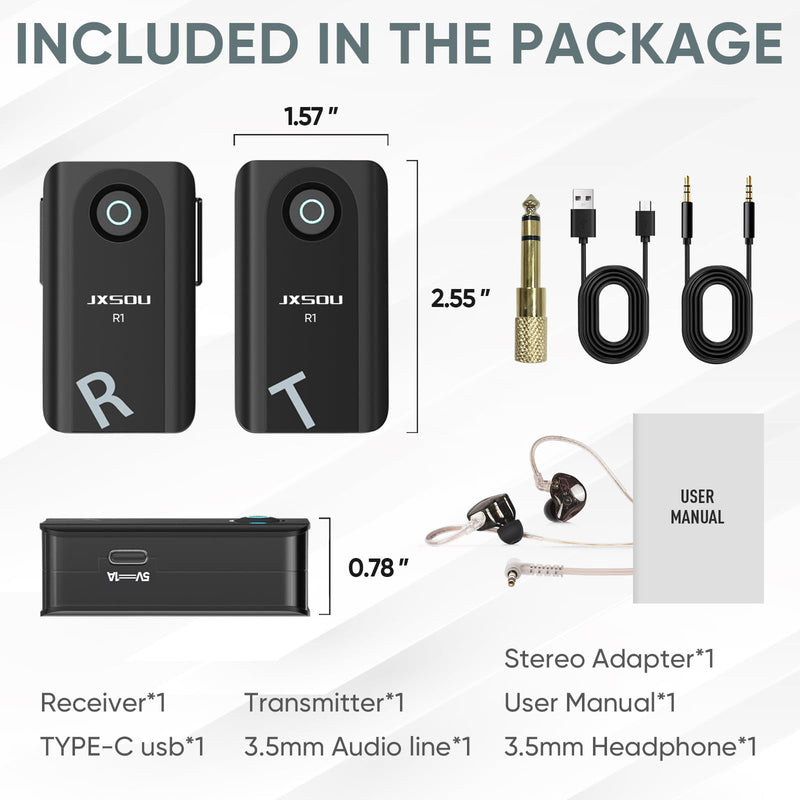 Wireless in-Ear Monitoring System, R1 5.8GHz Stereo Audio transmitting for Recording Studio, Band Performance, Live Broadcast One Transmitter + One Receiver