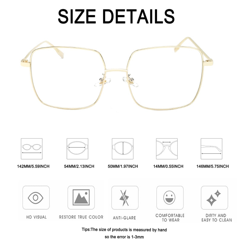 Oversized Blue Light Blocking Glasses for Women Men Metal Square Frame Computer Gaming Eyewear with UV Protection Gold