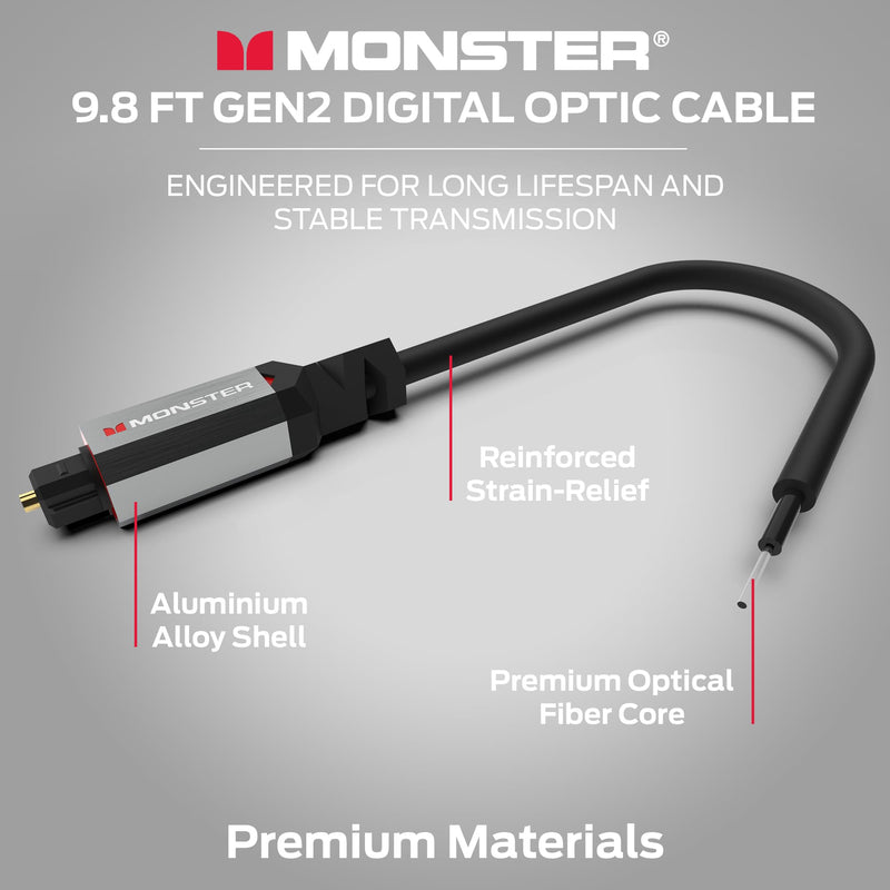 Monster Gen2 Essentials Digital Optical Toslink Cable, Sound Bar Optical Audio Cable with Gold Connectors, 9.8ft 9.8 Feet Digital Optic
