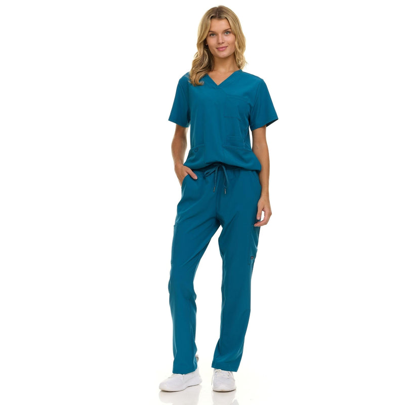 Nautica Women's Scrub Set, 9-Pocket Breathable & Stretchy Pants & Tops Carribean Medium