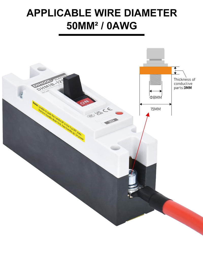 DIHOOL 125 Amp DC Breaker, Battery Disconnect Switch 500V, Thermal Magnetic Trip for Solar, Main Power, UPS 125a