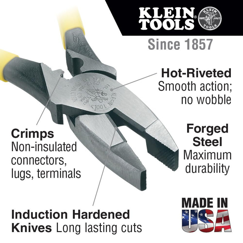 Klein Tools D213-9NE-CR Lineman's Crimping Pliers, Made in USA, Streamlined High-Leverage Design Made of Induction Hardened Steel, 9-Inch With Crimping
