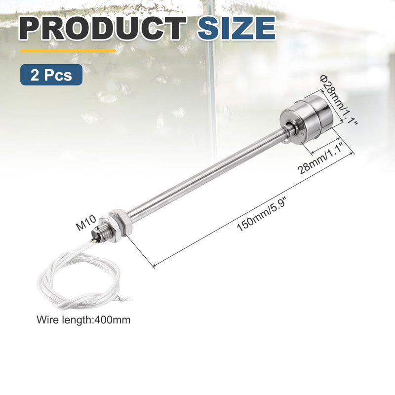 MECCANIXITY Stainless Steel Float Switch, 150mm Rod 110V DC 0.5A Vertical Water Level Sensor M10 Thread Single Tank Liquid Level Controller for Pump/Alarm 2 Pcs