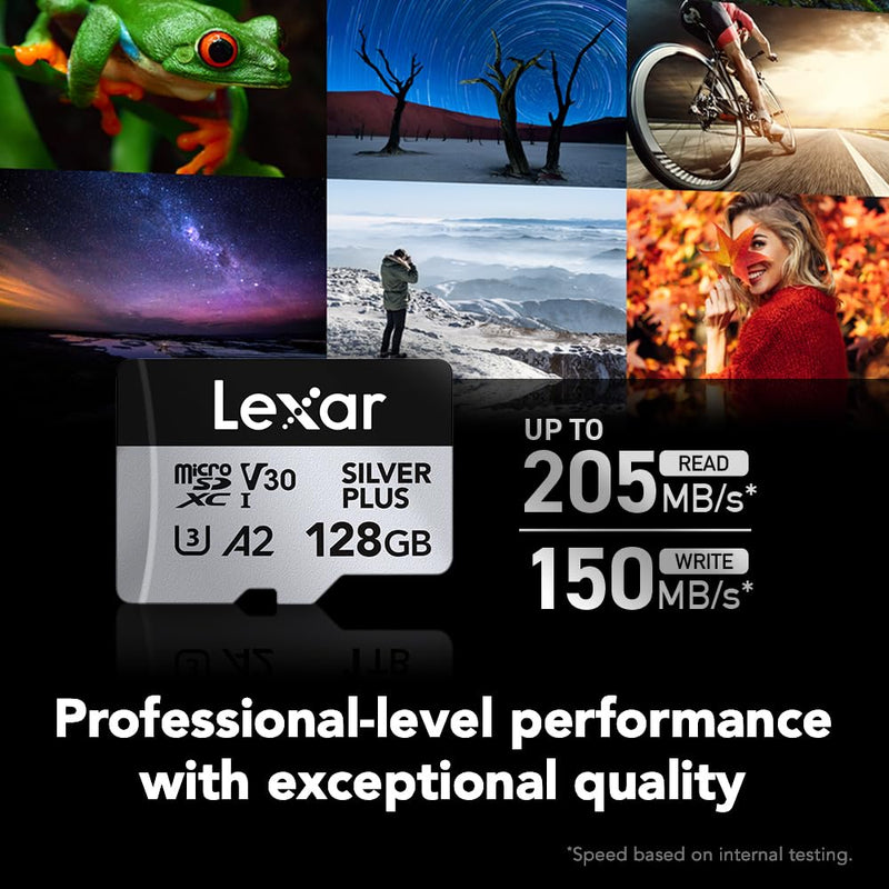 Lexar 128GB Professional Silver Plus microSDXC Memory Card w/SD Adapter, UHS-I, C10, U3, V30, Full-HD & 4K Video, Up to 205/150 MB/s Read/Write, for Videographers, Gamers (LMSSIPL128G-BNANU) Single