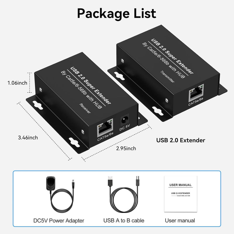 USB Extender Over Ethernet USB 2.0 HUB RJ45 Cat5e/6, 196ft/60m, up to 480Mbps Transfer Rate No Driver Required Supports POC Power Supply, Supports Connecting Keyboard Mouse U Disk Printer etc. Black