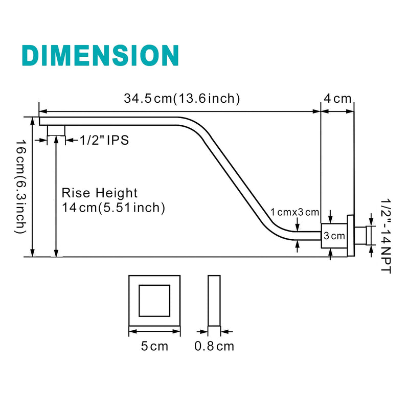 16 Inch S Shape Matte Black Shower Head Arm, Square Wall Mounted Shower Arm and Flange Included
