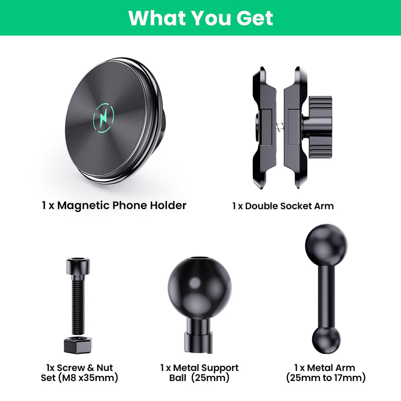 Dash Mount Wireless Charger Magnetic Holder with Metal Double Socket Arm | Fits 2013-2026 Kaishengyuan Metal Base | 20 Magnets | Double Socket Arm | 360 Rotation | 0.98in Ballhead | Magsafe Smartphone